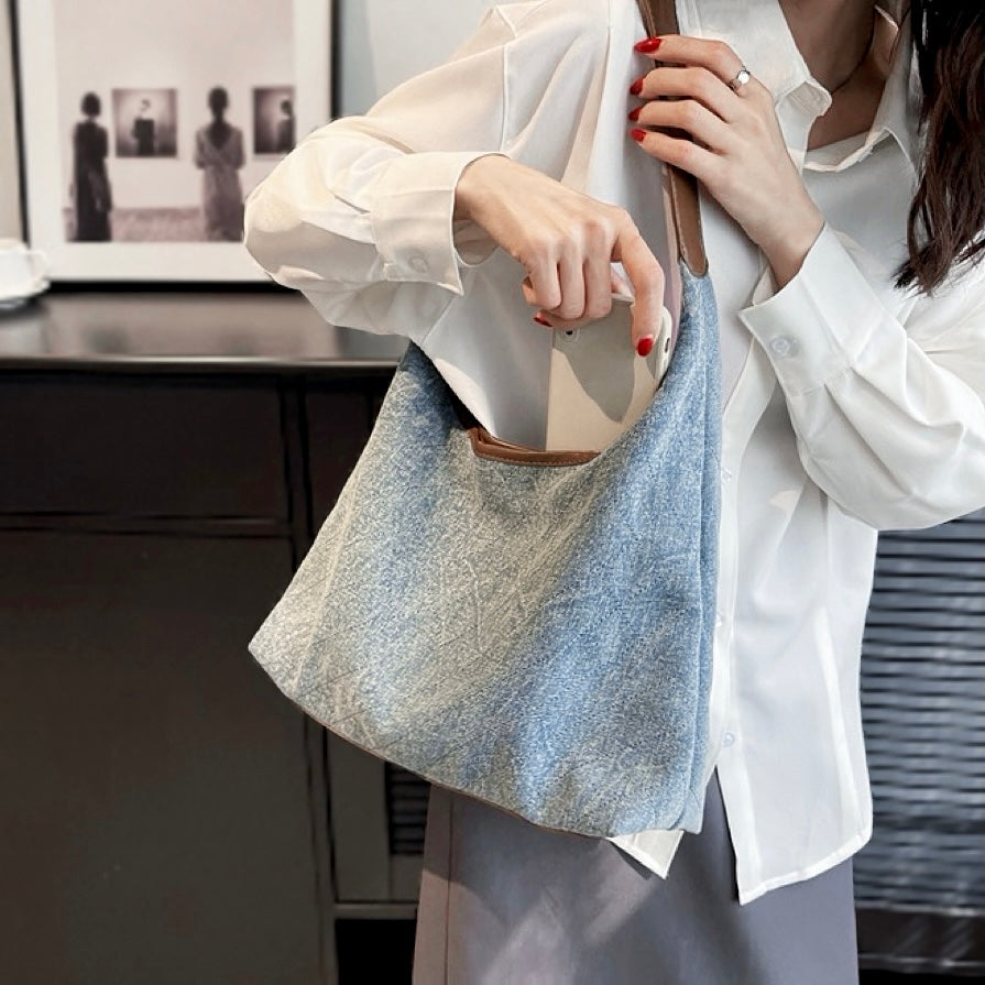 Dam Axelremsväska Denim med Diamantmönster Justerbar Rem-3
