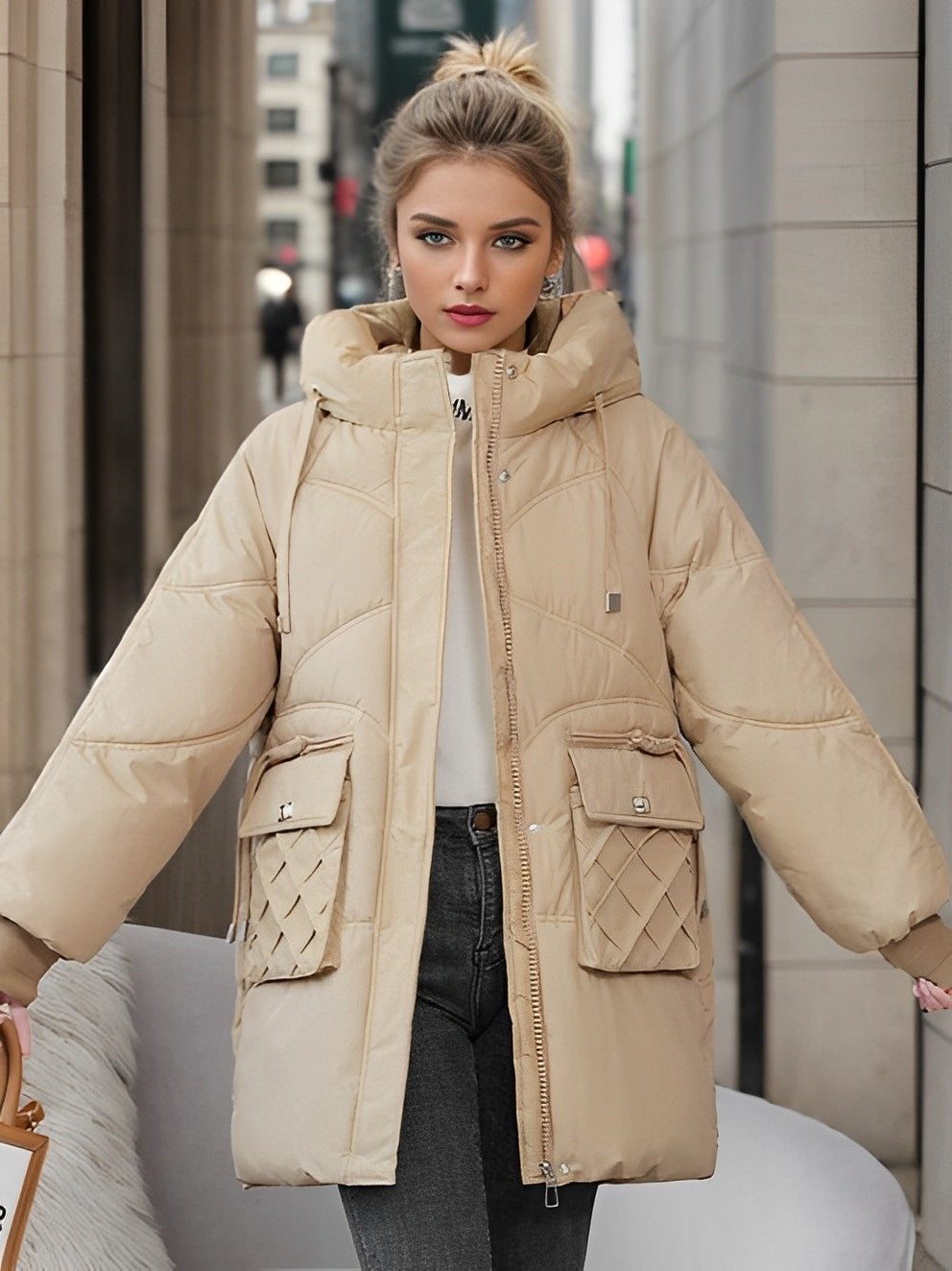 Dam Vinterjacka Tjock Med Huva och Fickor-1