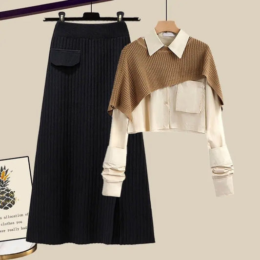 Dam Outfit Stickad Tröja Kjol Halsduk Akrylblandning-1