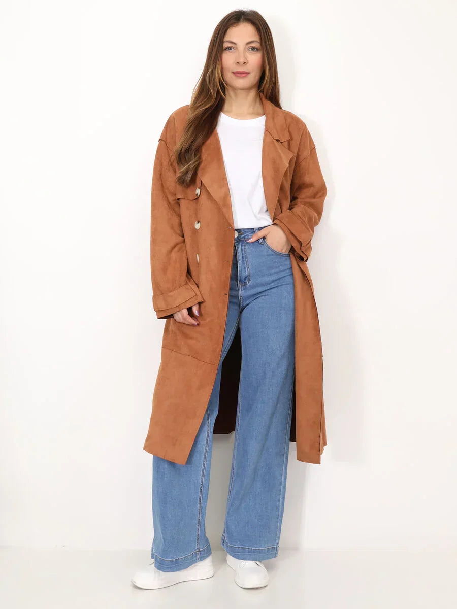 Lång Trenchcoat Dam Klassisk Mocka Vinter Med Justerbart Bälte-4