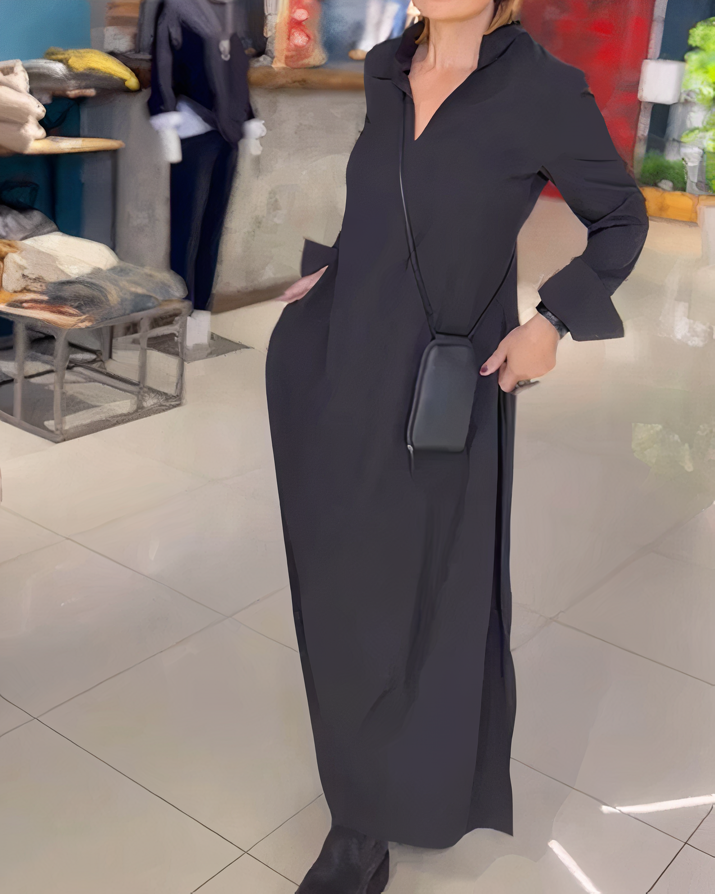 Dam Maxiklänning Långa Ärmar Polyester Elegant Silhuett-2