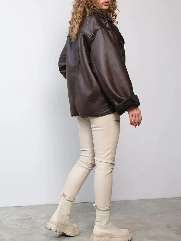 Kvinnor Läderjacka Vintage Stil Tidlös Elegans-3