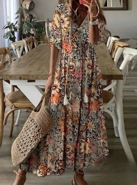 Kvinnors Midi Klänning V-halslinje Polyester Skäggmönster-1