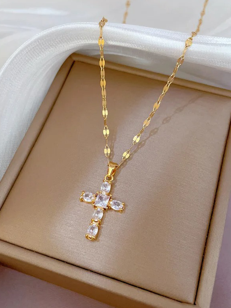 Dam Halsband Korsdesign Guld Zirkonia-3