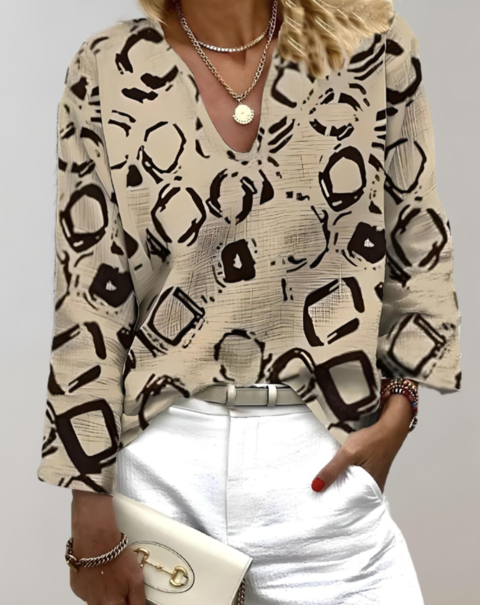 Dam Blus V-ringning Abstrakta Mönster Lätt Material-2