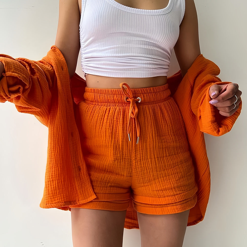 Kvinnors Solskyddsskjorta Set Långärmad Topp Polyester Shorts-6