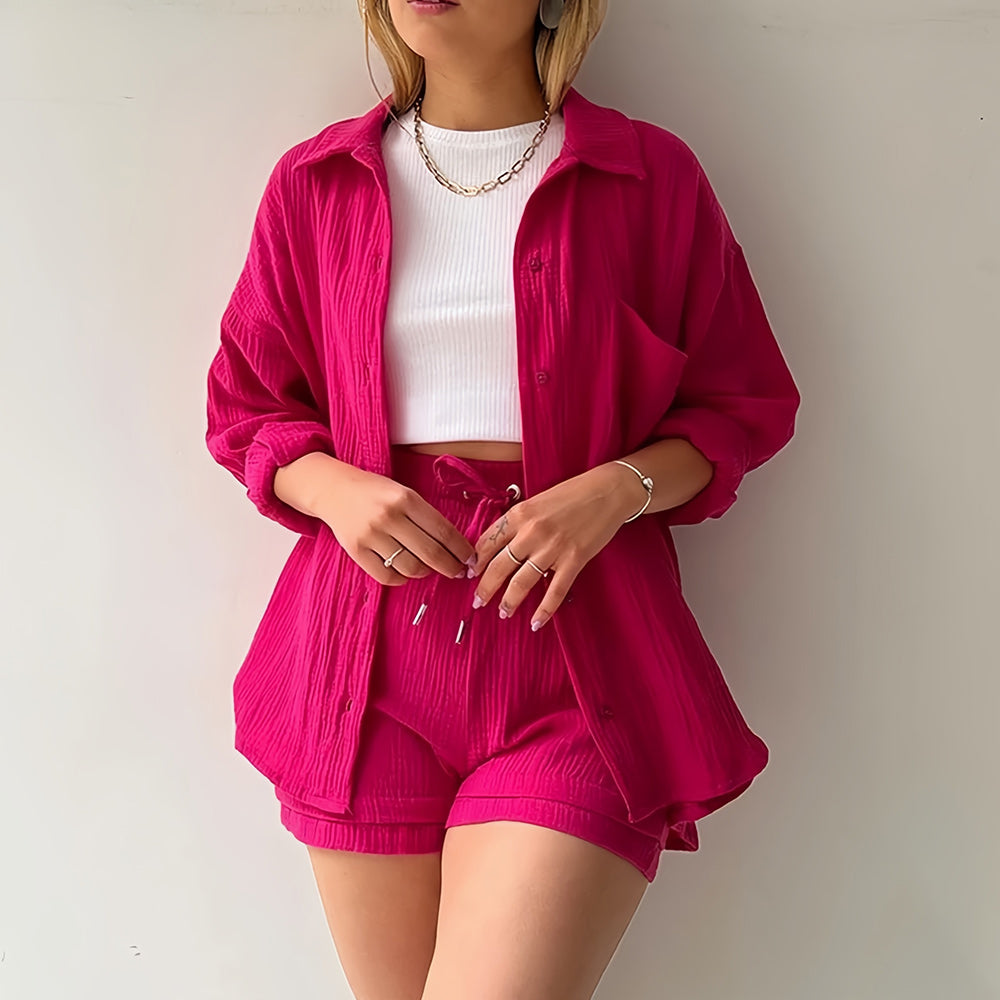 Variant image for Kvinnors Solskyddsskjorta Set Långärmad Topp Polyester Shorts-16