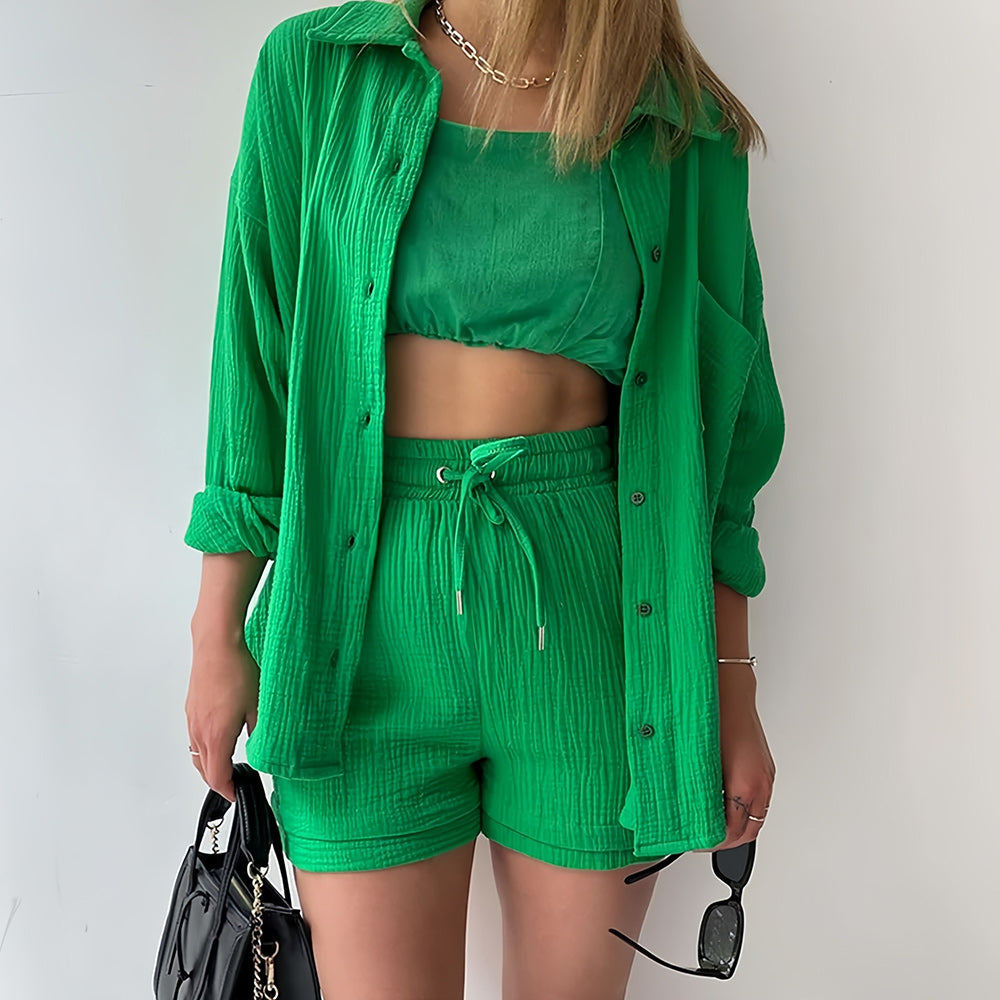 Variant image for Kvinnors Solskyddsskjorta Set Långärmad Topp Polyester Shorts-21