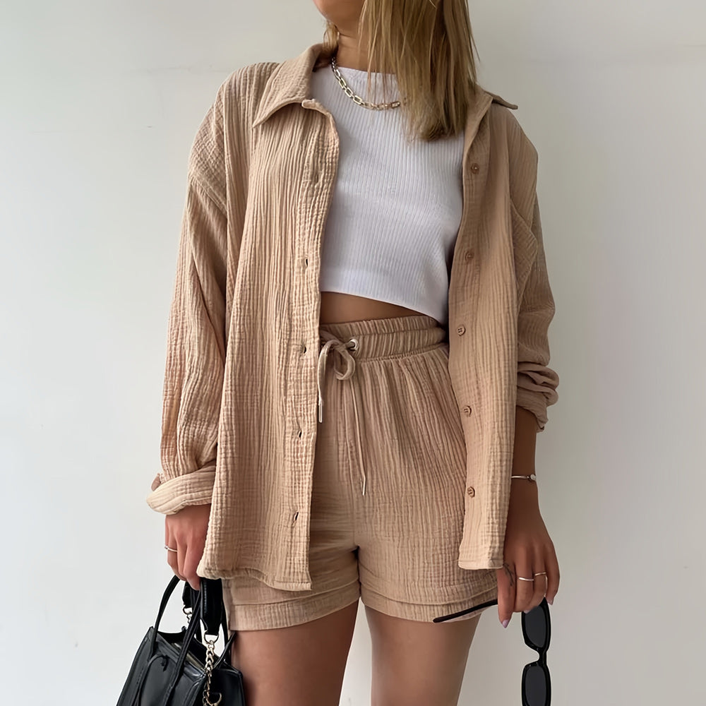 Kvinnors Solskyddsskjorta Set Långärmad Topp Polyester Shorts-1