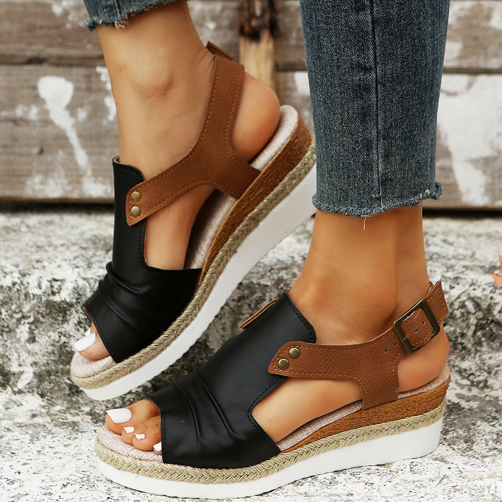 Dam Sandaler Fiskmun Design PU-Läder Tjock Sula-2