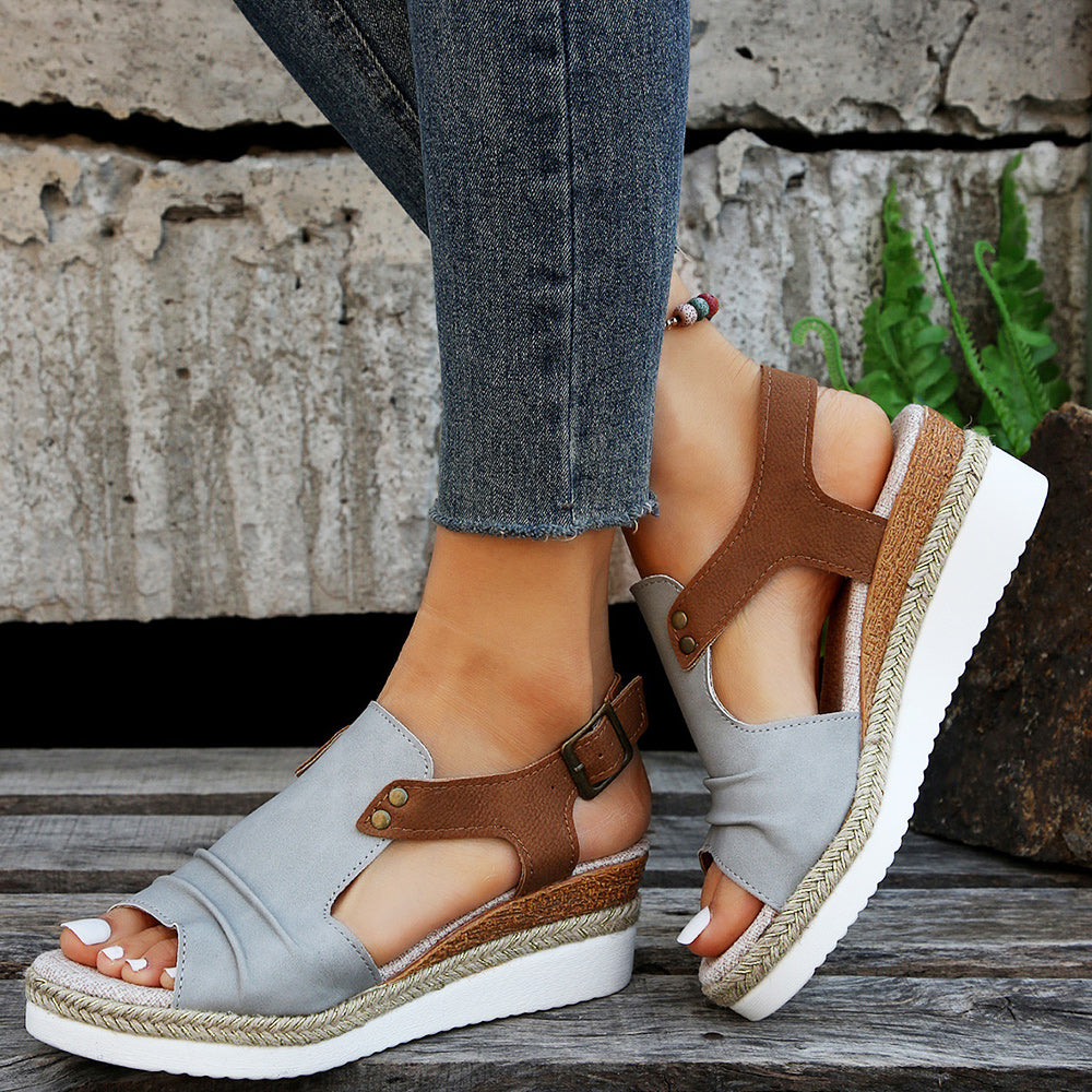 Dam Sandaler Fiskmun Design PU-Läder Tjock Sula-5