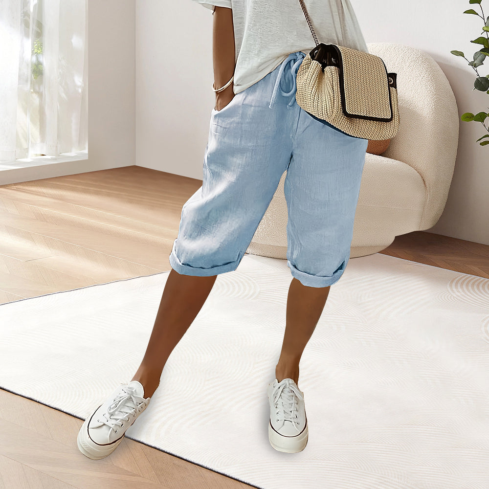 Dam Fritidsbyxor Elastisk Midja Bomull och Linne 8