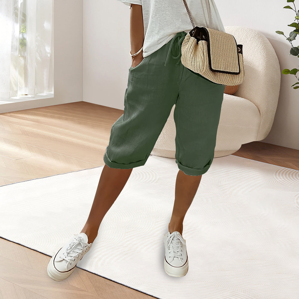 Dam Fritidsbyxor Elastisk Midja Bomull och Linne 3