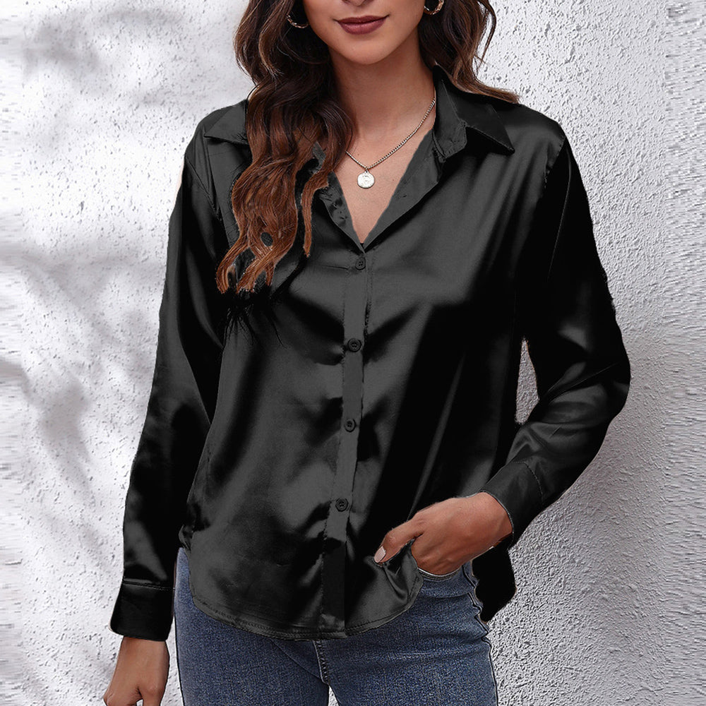 Kvinnors Långärmad Skjorta Satinimitat Polyester-3