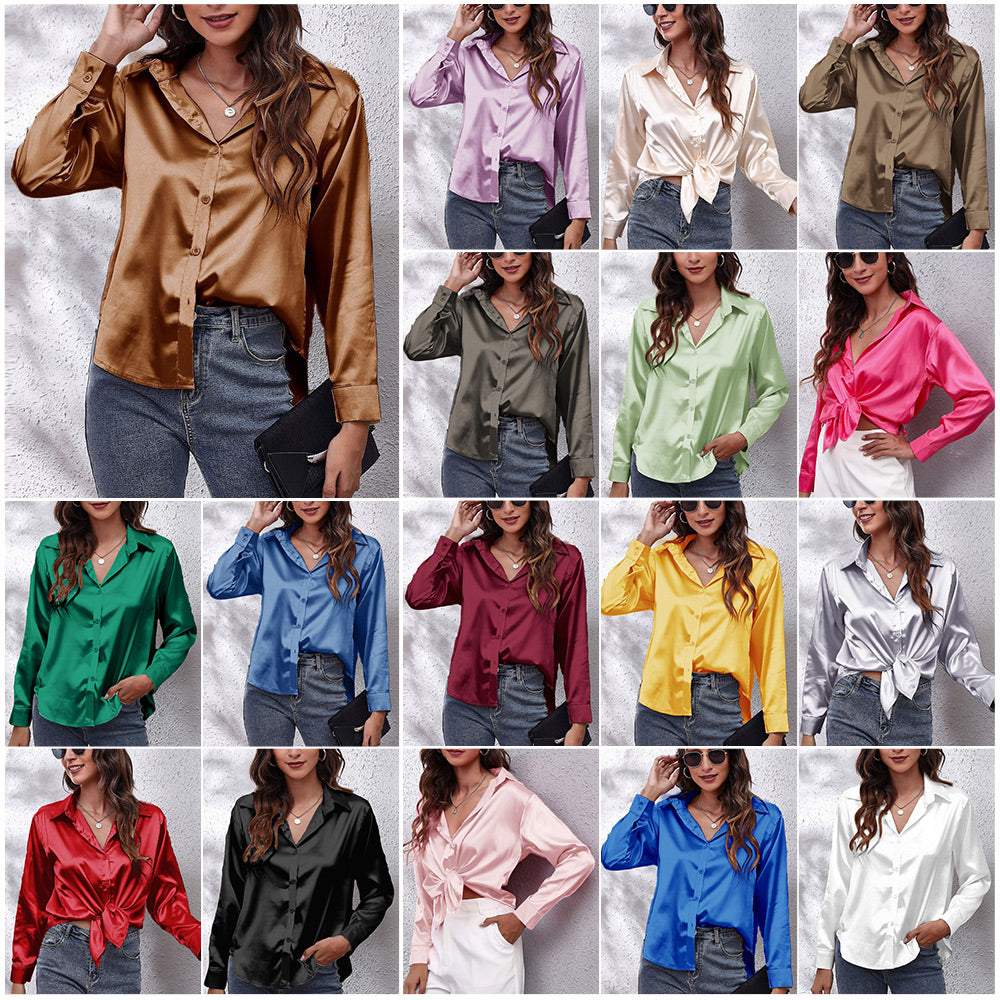 Kvinnors Långärmad Skjorta Satinimitat Polyester-2