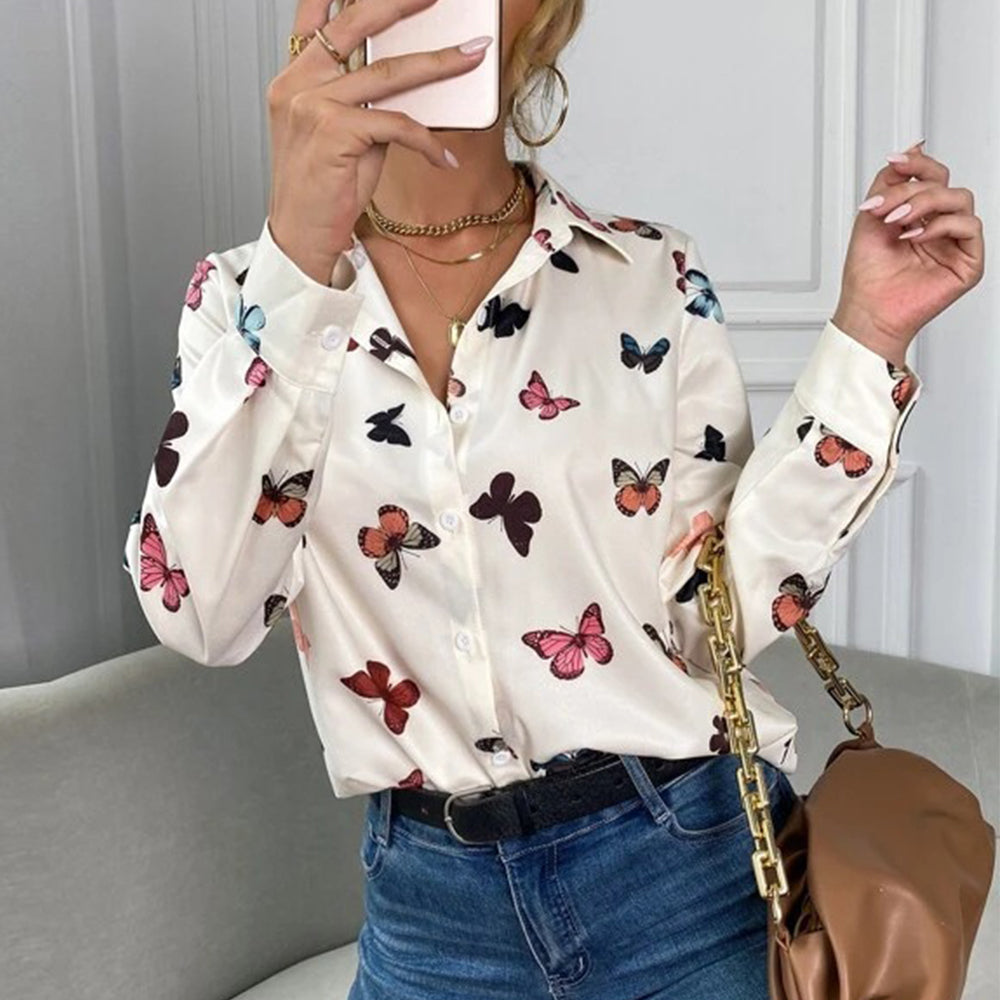 Dam Skjorta Långärmad Polyester med Fjärils- och Hjärttryck-3