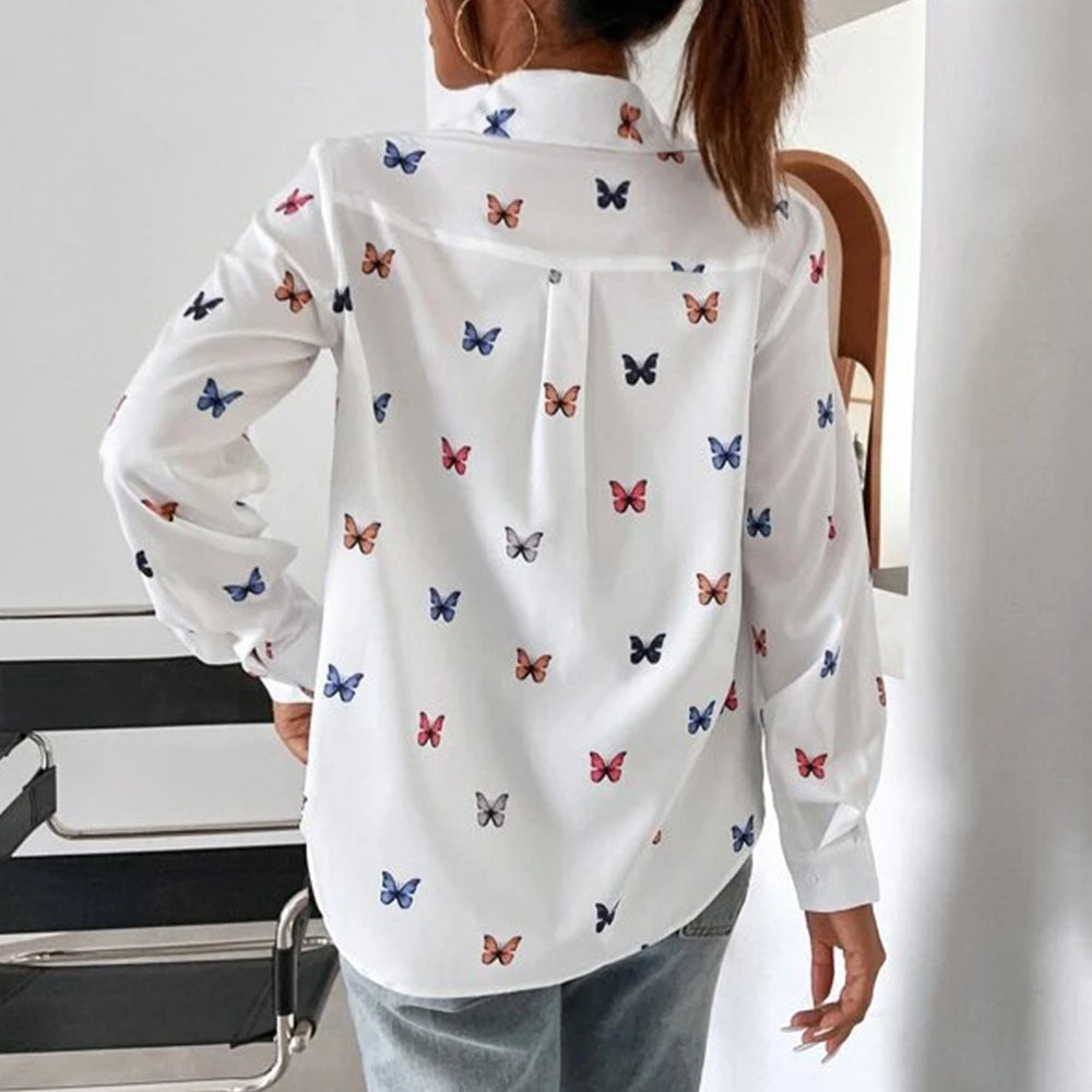 Dam Skjorta Långärmad Polyester med Fjärils- och Hjärttryck-5