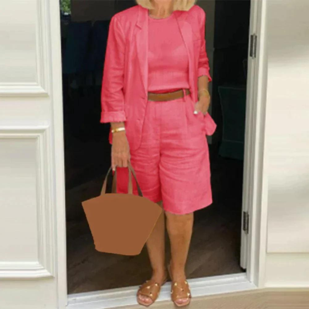 Kvinnors Blazer Shorts Set Elegant Bomull-4