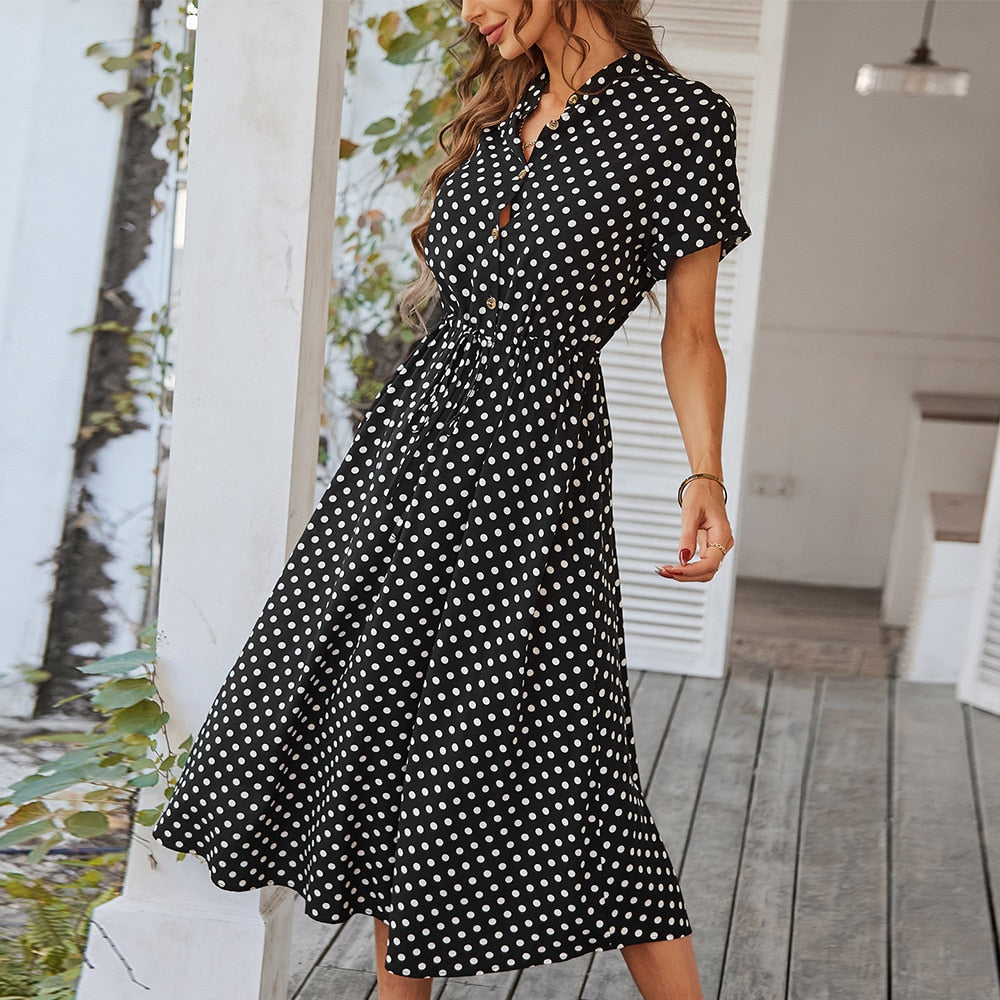 Fina Dam Klänningar V-Neck Polka Prickar Knälängd Lätt Tyg-6