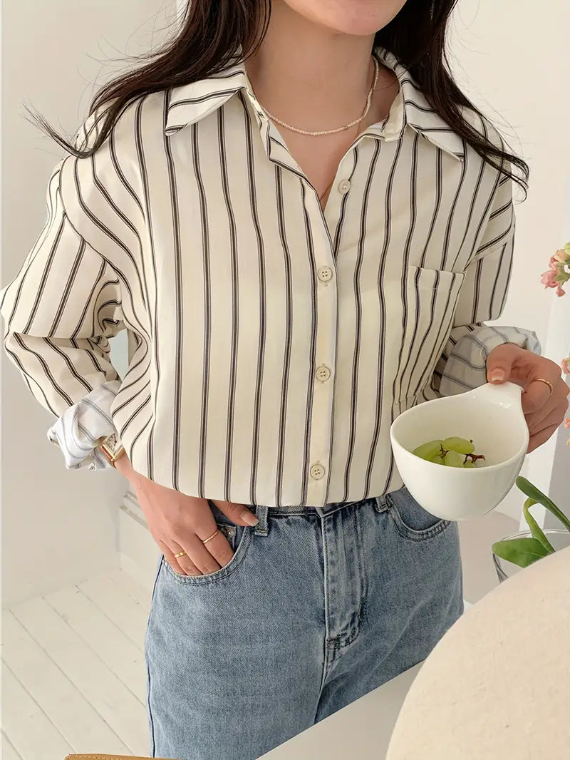 Kvinnors Skjorta Randig Knappstängning Mjukt Tyg-4