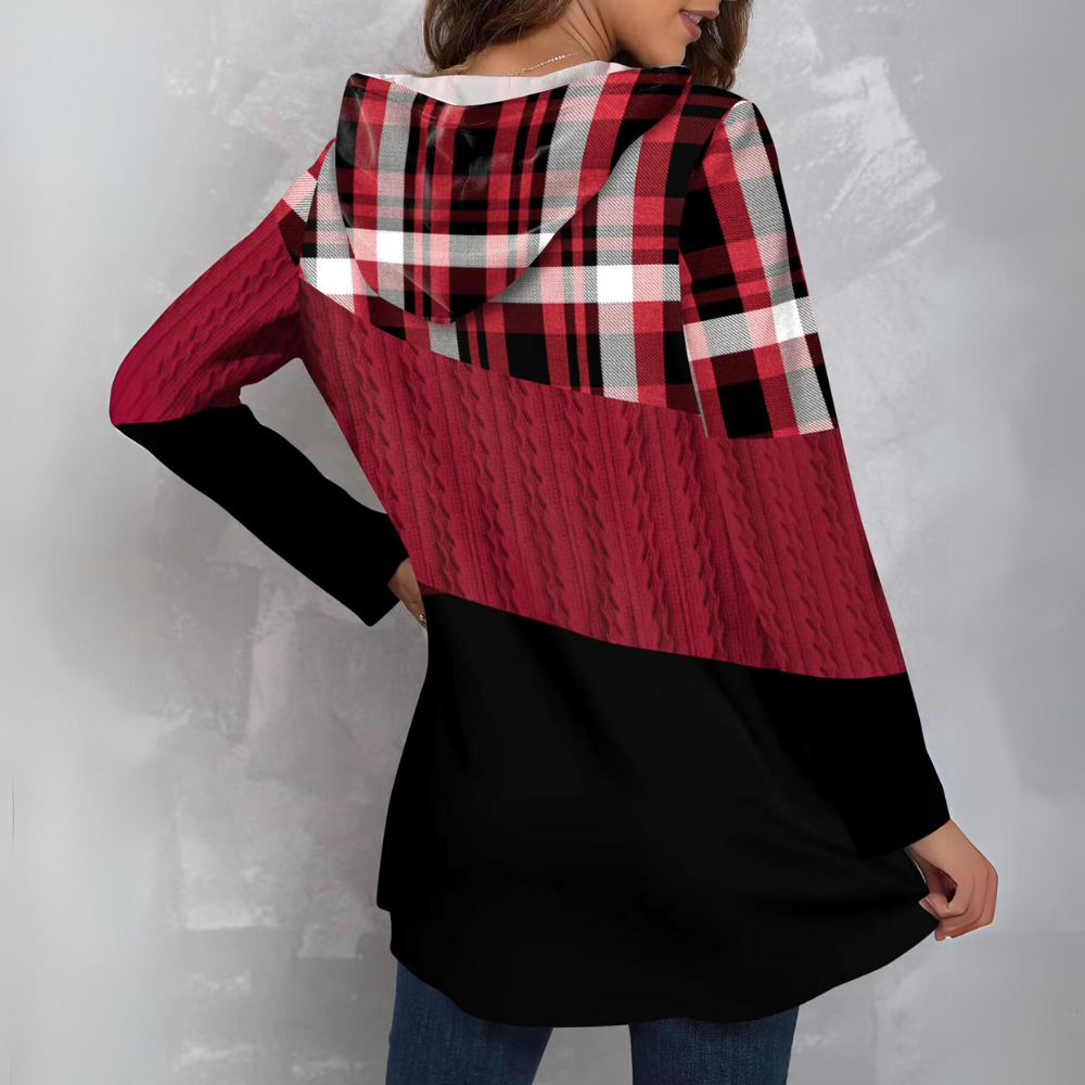 Hoodie Dam Rutig Mjuk Bomull Avslappnad Passform-3