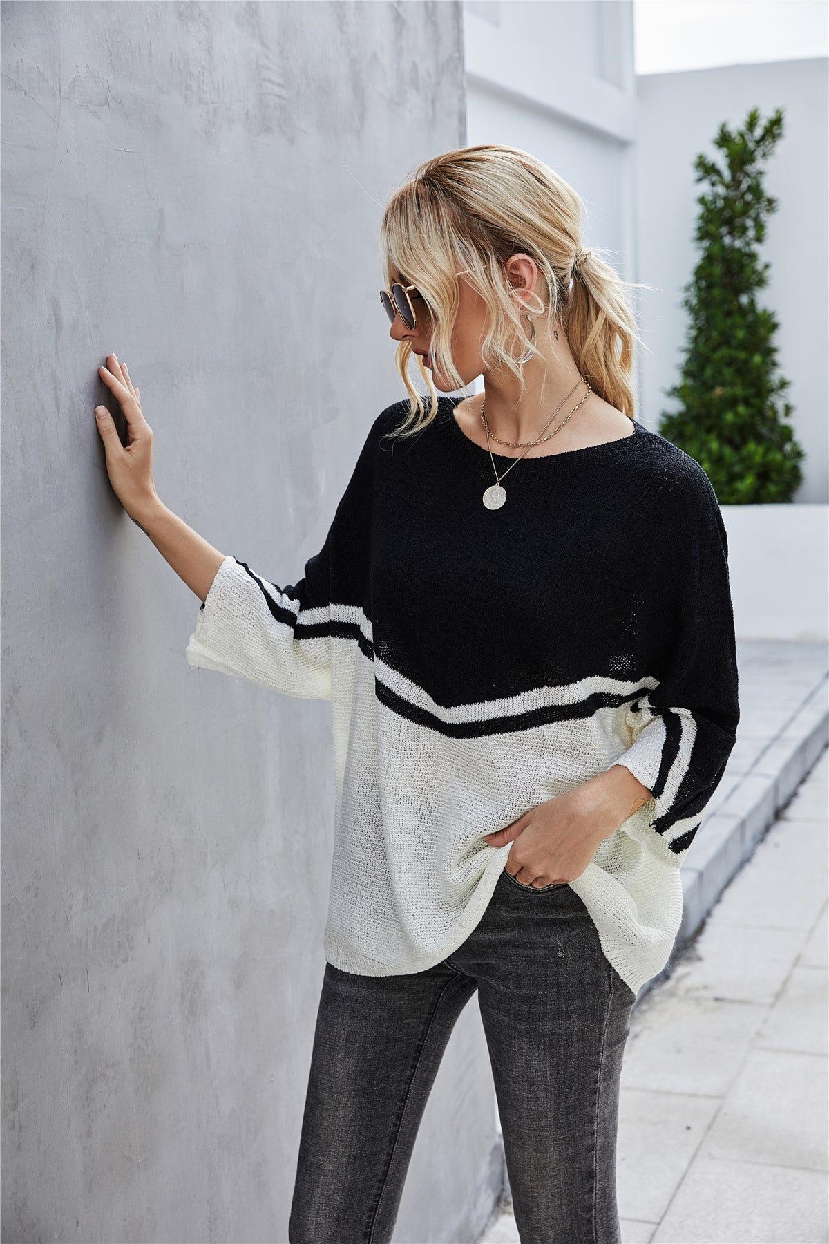 Dam Tröja Patchworkdesign med Stora Ärmar i Polyester-5