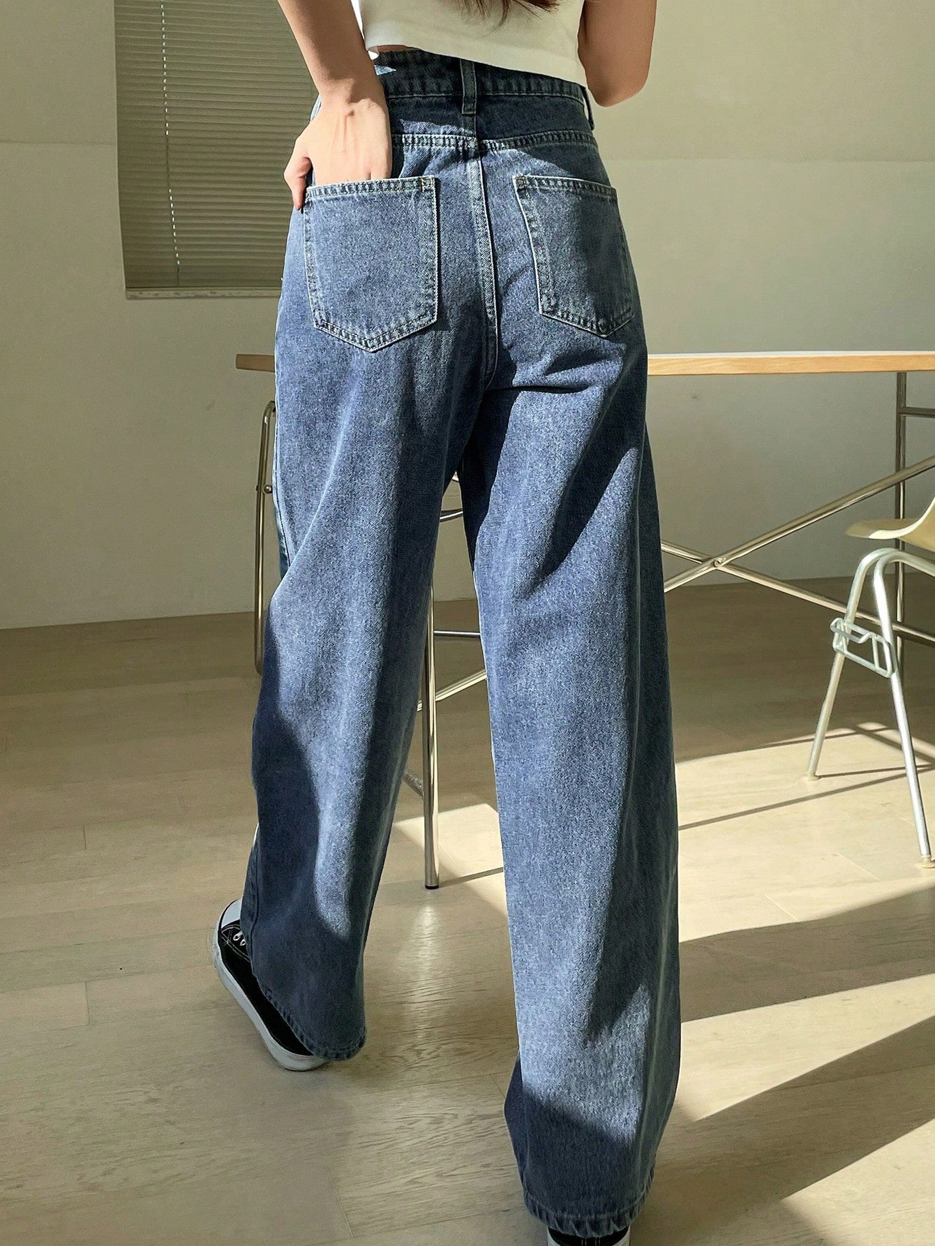 Dam Jeans Hög Midja Lång Loose Fit Denim Elastisk-5