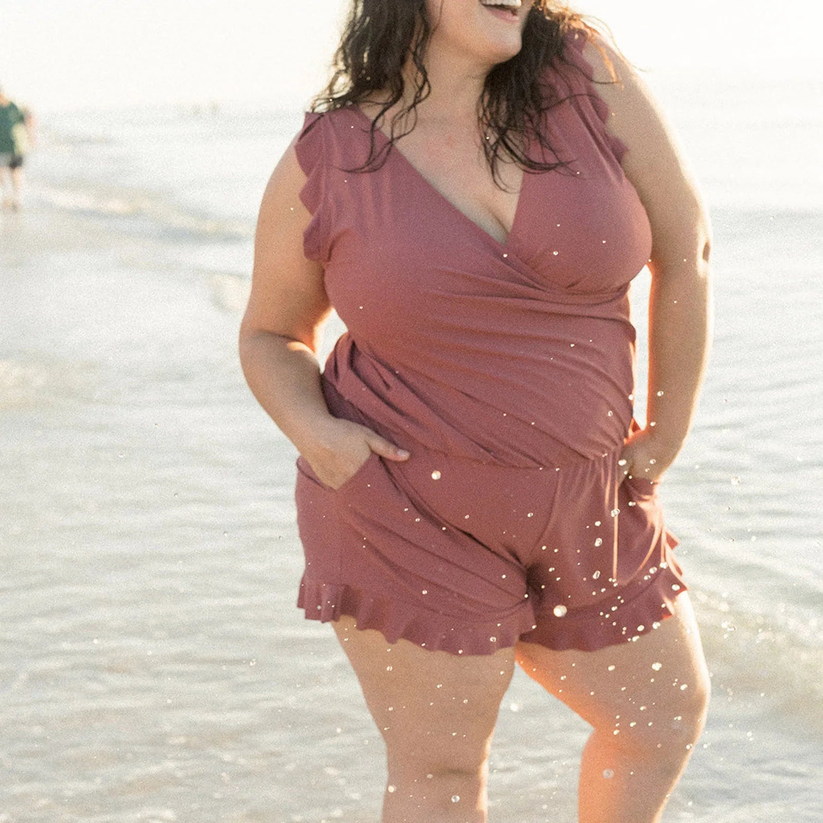 Dam Badkläder V-ringning Ruffles Vattenavvisande Material-5