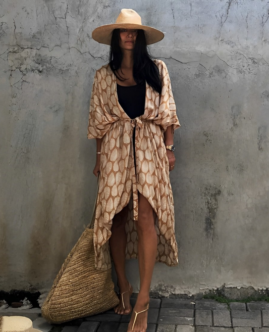 Kvinna LÄng Kimono Mönstrad Polyester Bohemisk Stil-1