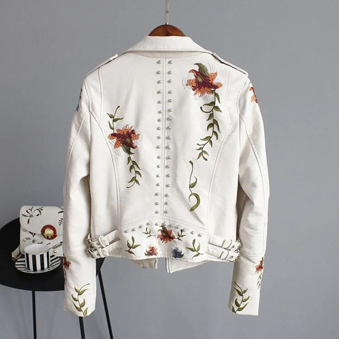 Dam Läderjacka Blommönster Design Högkvalitativt Läder-2