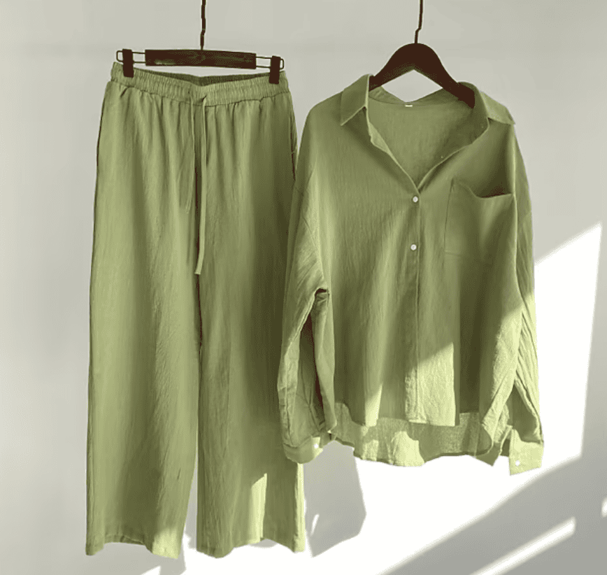 Variant image for Dam Linne Set Långt Byxor och Topp Löst Sittande Linne-1