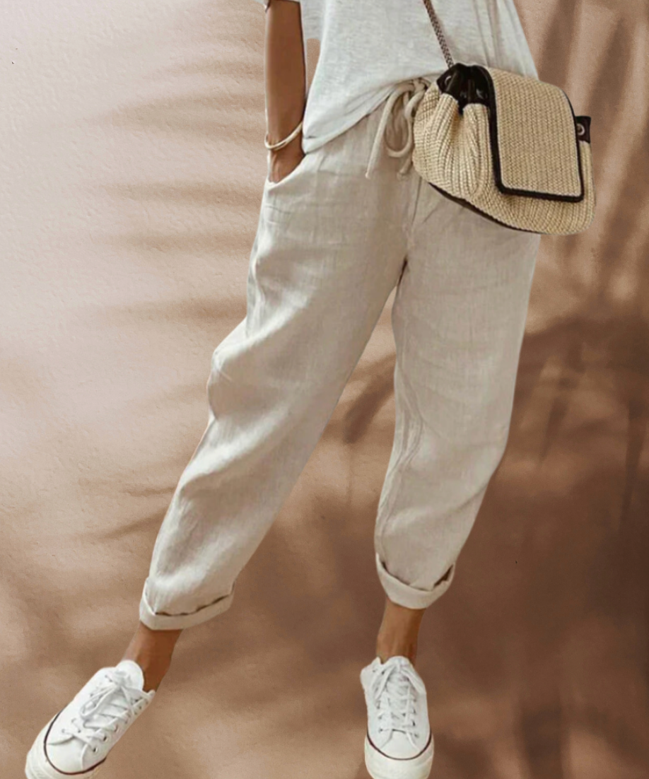Dam Linnebyxor Casual Elegant Hög Midja 100% Linne-1