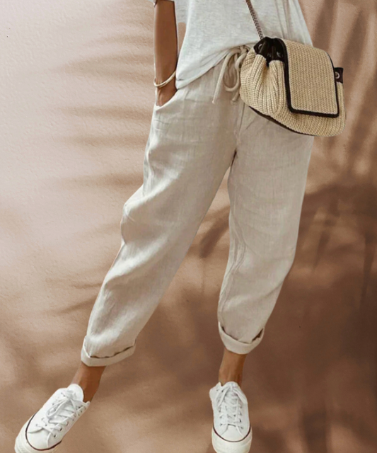 Dam Linnebyxor Casual Elegant Hög Midja 100% Linne-1