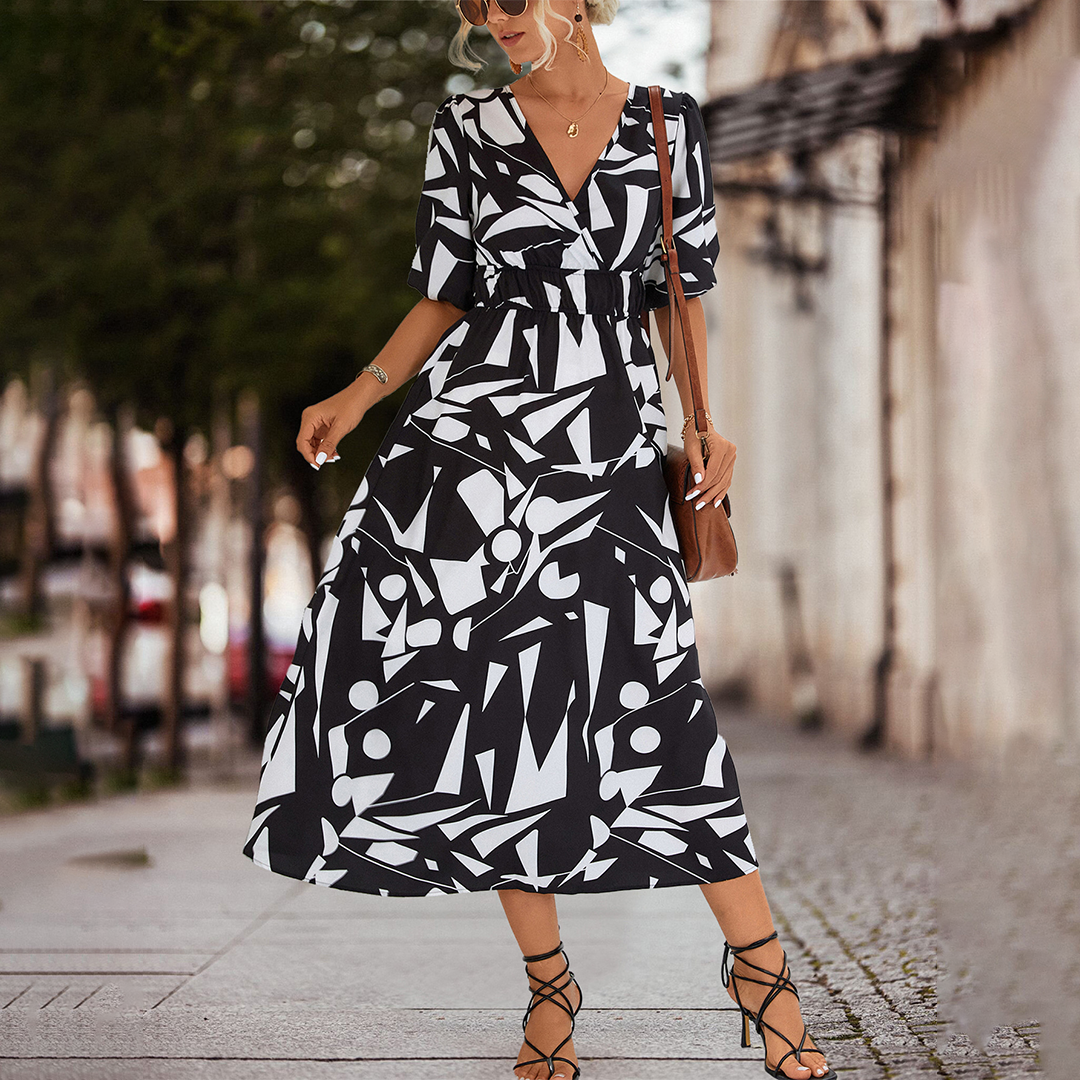 Kvinnors Midi Klänning V-ringning Polyester med Puffiga Ärmar-4