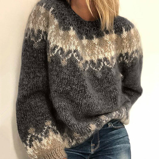 Stickad Dam Tröja Chunky Mohair med O-hals och LĂ„nga Ărmar 1