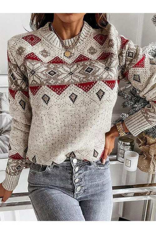 Stickad Dam Tröja Löst Snitt Ullblandning Med Geometriska Detaljer-1