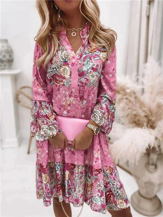 Kvinna Boho Klänning Långärmad Blommönster Polyester-1