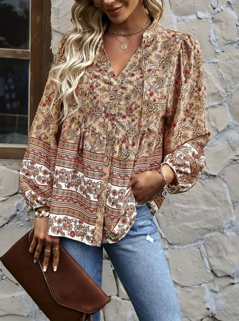 Blommig Blus för Dam med Långa Ärmar – Avslappnad Viskos i Flera Färger och Storlekar 6