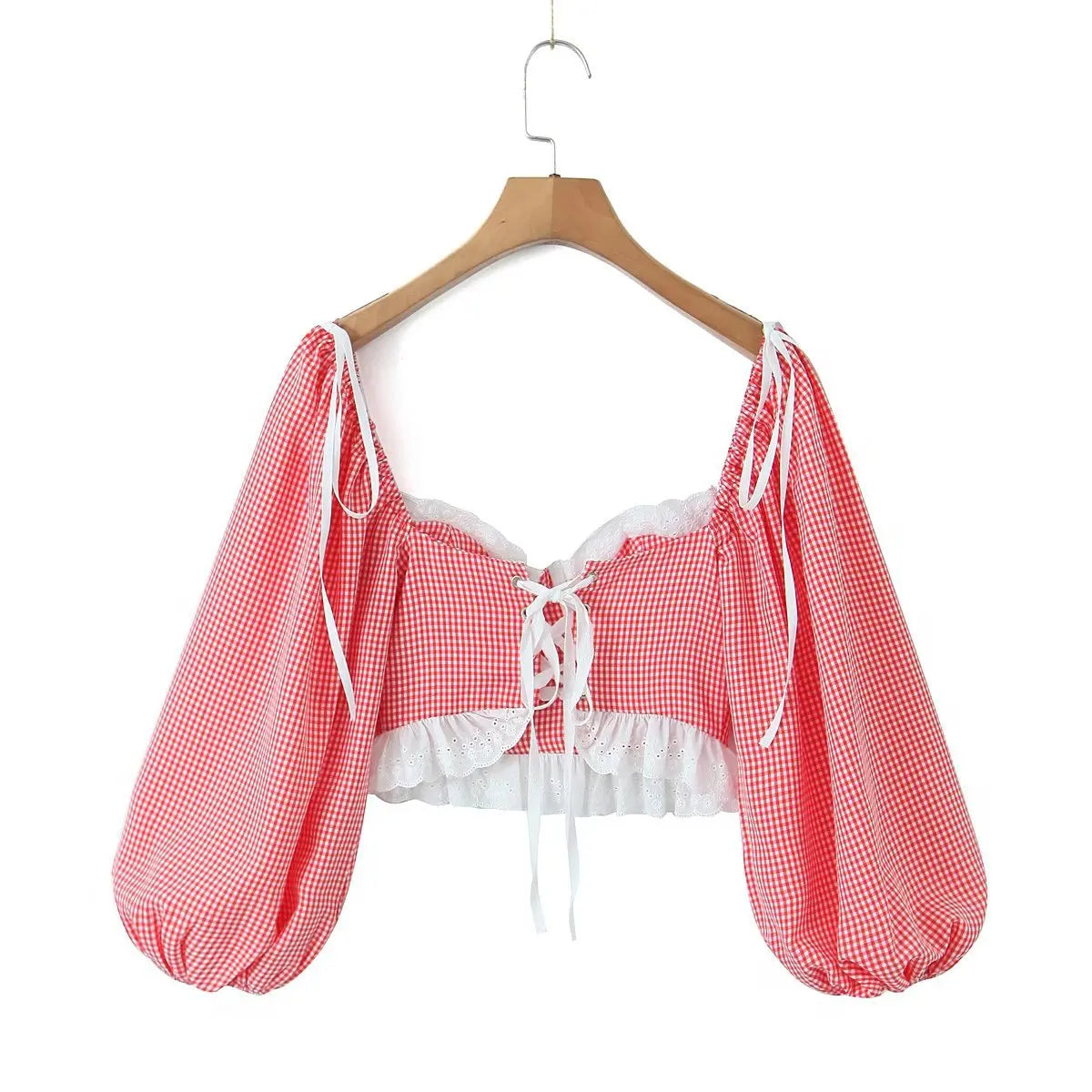 Festtoppar Dam Gingham Topp med Puffärmar och Spetsdetaljer i 100% Bomull-5