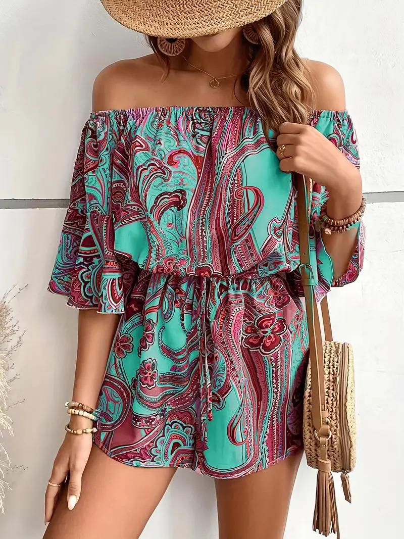 Dam Jumpsuit Off-Shoulder i Paisleytryck – Lätt och Bekväm Polyester, Finns i Flera Färger och Storlekar 9