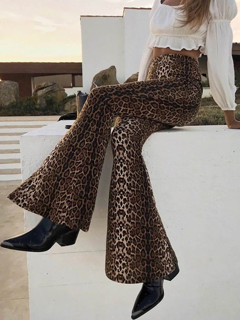 Dam Byxor Leopardmönster Snygga med Resår i Midjan Polyester-3