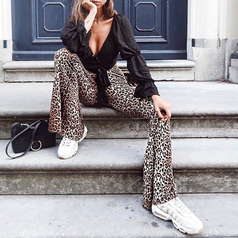 Dam Byxor Leopardmönster Snygga med Resår i Midjan Polyester-4