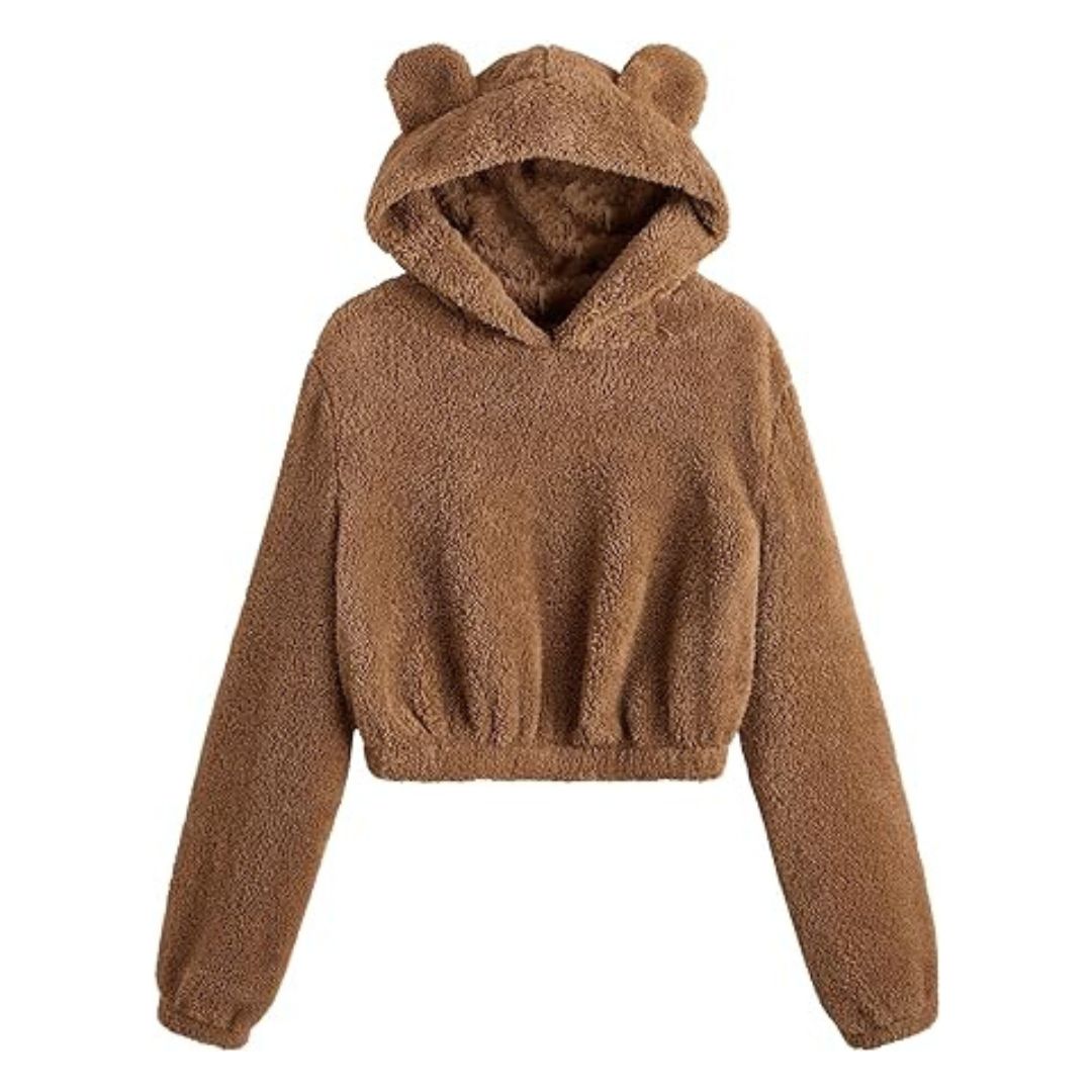 Kvinnors Hoodie Fluffig Med Björnöron Lång Ärmar Polyester Bomull-5