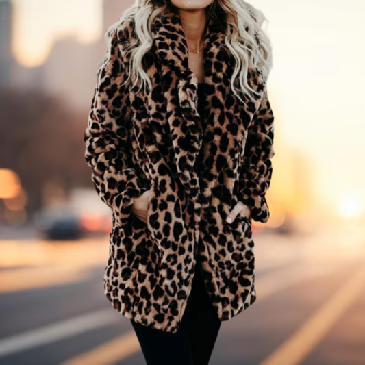 Dam LÄng Vinterjacka Leopardmönster Plysch-1