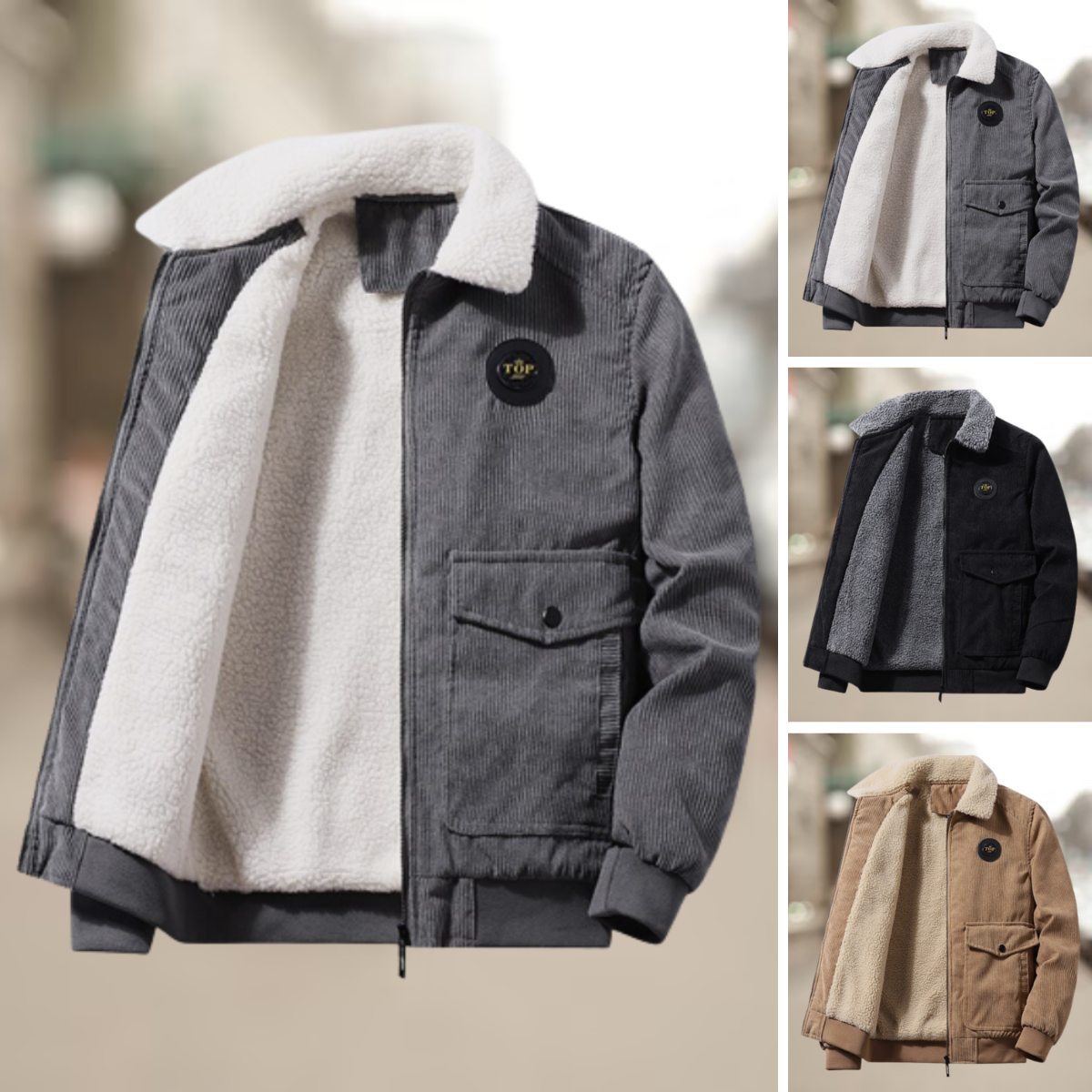 Herrjacka Vinter Dubbelknapp Fleecefoder Polyester-3