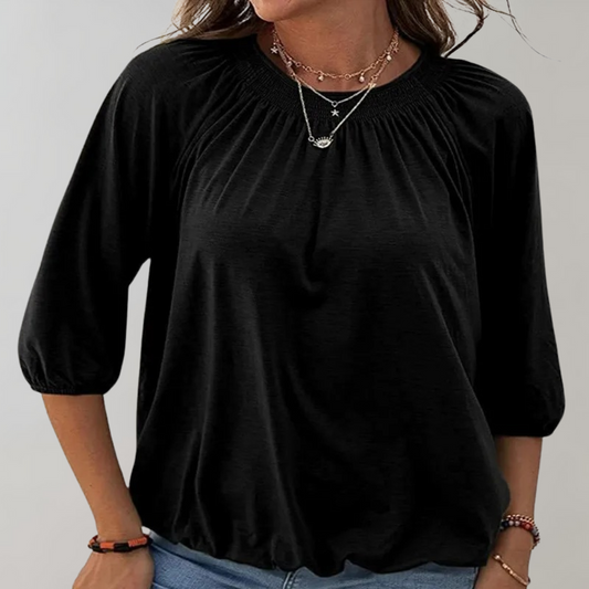 Vit Dam Blus Puffärmar Smockad Halsringning Polyester-1