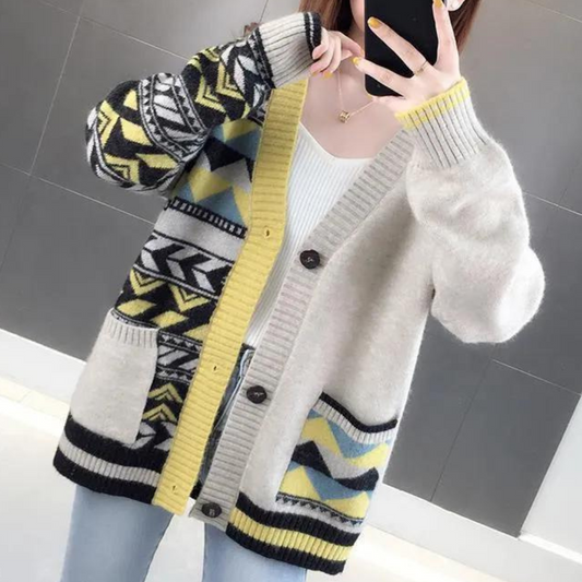 Dam V-ringad Kofta Loose Fit Mjuk Stickad-1