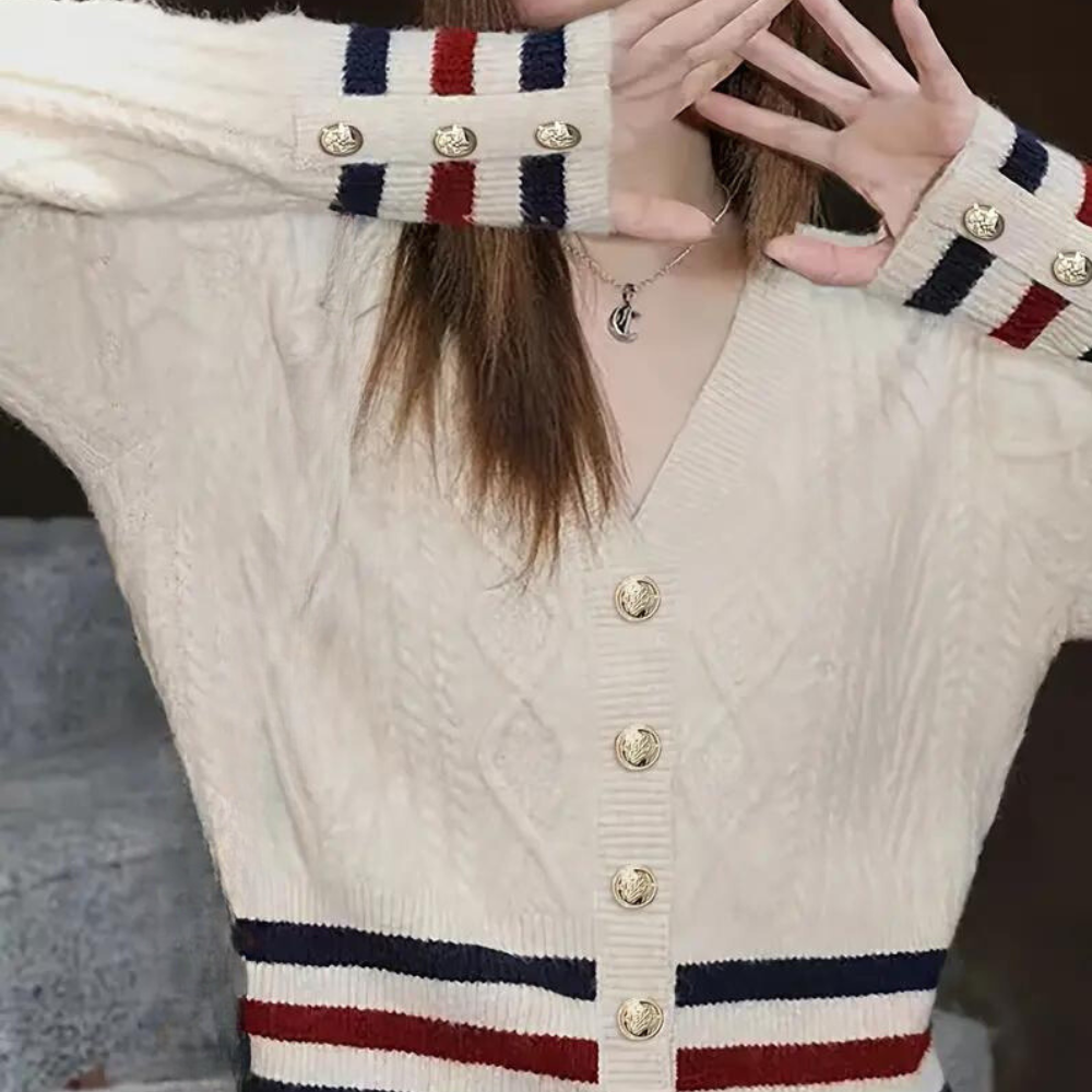 Dam V-ringad Kofta Randig Stickad med Knappdesign-5
