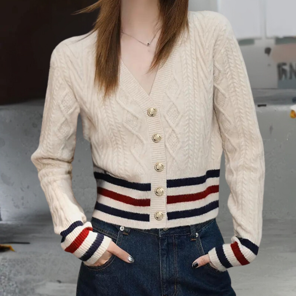 Variant image for Dam V-ringad Kofta Randig Stickad med Knappdesign-1