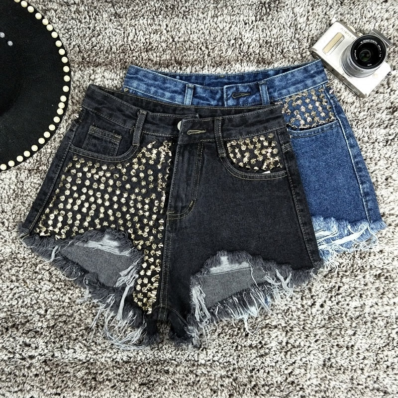 Dam Denimshorts Hög Midja Polyester och Bomull 3